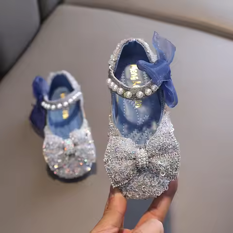 Girls' Rhinestone Princess Shoes New Sequined Bow Leather Shoes Children's Flats Dance Performance S