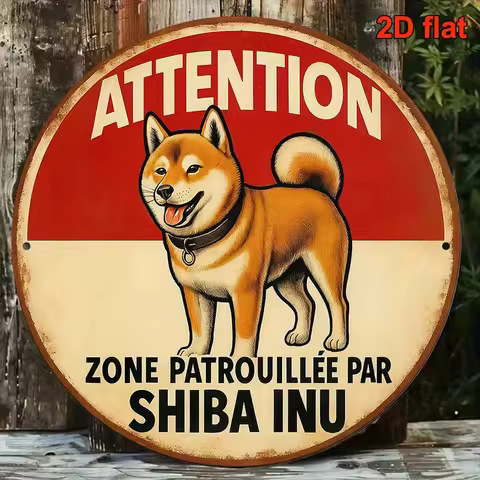 2D Flat,1pc Shiba Inu Patrol Zone French Sign - Vintage Dog Warning Plaque,Round French Language Dec
