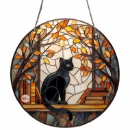 Halloween Window Hanging Decor - 2d Bat Ghost Witch Acrylic Ornament, Vintage Style 20cm Round K6e2