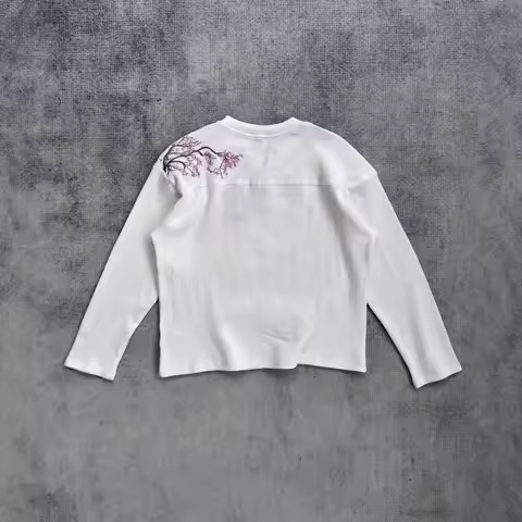 Deeptown White Cherry Blossom Embroidery Man Women T-Shirts Long Sleeve Oversized Waffle Tees Basic 