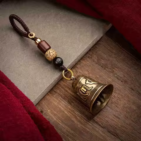 1pc Vintage Brass Tibetan Buddhism Six-word Mantra Bell Keychains Lanyard Pendants Handmade Rope Car
