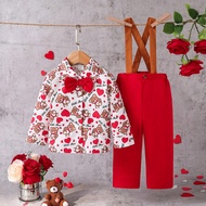 2 Pieces Baby Boys Outfit: Long Sleeve Casual Shirt With Bear Heart Print + Red Straight Leg Pants, 