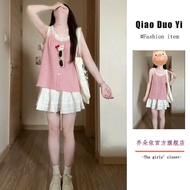 Sweet French Style Red Plaid Splicing Crop Top And High Waist Elastic Skirt Two Piece Set Casual Sum