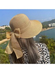 女性時尚多功能太陽帽，夏季沙灘草帽，防曬帽，蝴蝶結圓頂帽，田園風格寬邊圓頂桶帽