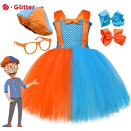 Baby Girls English Cartoons Blippi Dress Up Costumes for Kids Orange Skyblue Tutu Outfit with Hat Gl