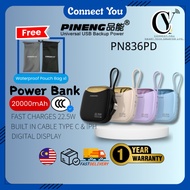 3C CERTIFIED Pineng PN836PD 20000mAh w/ Built-in Cable Fast Charging 22.5W PN-836PD+Free Pouch Bag