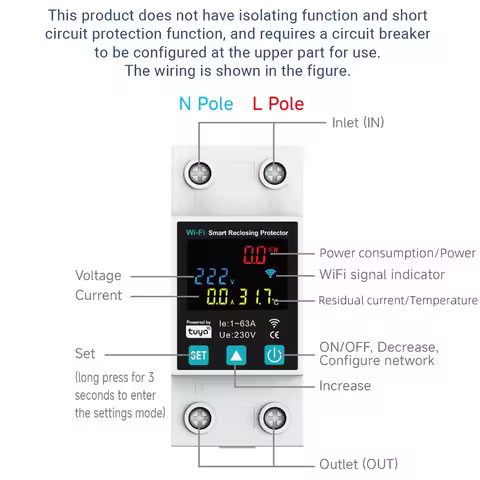 1PC Tuya Smart WIFI 2P 1-63A Adjustable Circuit Breaker Earth Leakage Over Under Voltage Protector R