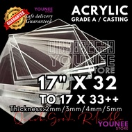 17 x 32 inches to 33++ inches acrylic sheet with 2mm, 3mm 4mm and 5mm / transparent akrilik