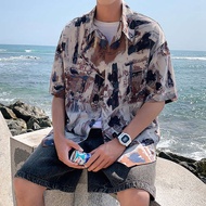 kemeja lelaki original kemeja lelaki bercorak kemeja lelaki lengan pendek Baju tirai sutera ais lelaki lengan pendek 2024 musim panas gaya baru gaya Hong Kong retro fesyen longgar jaket baju kecil