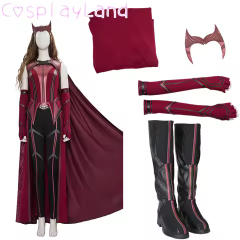 Superheroine Wanda Outfit Scarlet Cosplay Witch Costume Maximoff Red Suit with Mask High Heel Shoes 