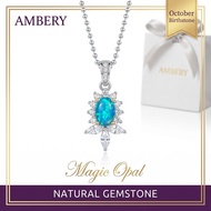 AMBERY Natural Opal Necklace S925 Sterling Silver 4*6mm Oval Gemstone Pendant Floral Halo Design Oct