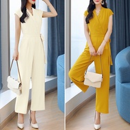 Yoins Women Korean Short Sleeve V-Neck Waist Strap Wide-Leg Jumpsuit