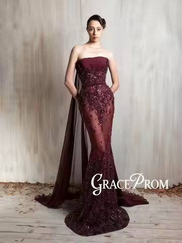 Burgundy Beaded Strapless Evening Dress Elegant Illusion Mermaid Wedding Party Gown Customized Opule