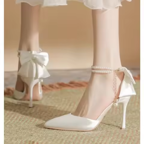 New Women Thin Heel Hollow Sandals Woman Pearl Butterfly Pointed Toe High Heels Pumps Womens Drees S