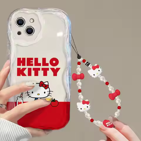 Y2K 3D Wave Red Bows Hello Kitty Chain Cute Case For Samsung Galaxy S24 FE S23 S25 Ultra A56 A16 A55