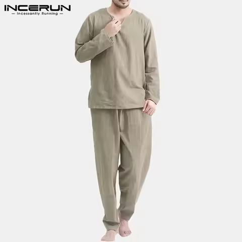 2025 Men Sets Vintage V Neck Long Sleeve Tops & Pants 2PCS Cotton Streetwear Loose Casual Men Suits 