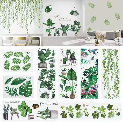 Removable Tropical Leaves Flowers Wall Stickers Home Living Room Decorative Green Leaves Plants DIY 