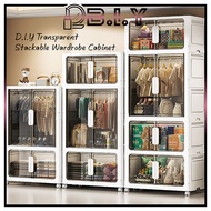 B.I.Y Stackable Wardrobe Cabinet Storage with Transparent Dual Door | Large Capacity | Almari Baju Plastik | Multipurpose Cabinet with Wheels | 衣柜 收纳柜