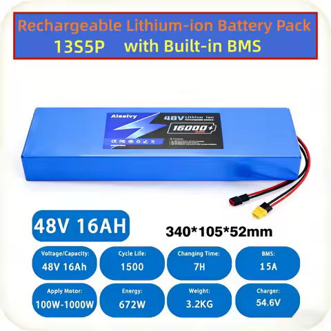 New 48V 16000mAh 13S5P Lithium Battery Pack with BMS, High Capacity Rechargeable Power for Hoverboar