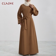 Muslimah Jubah Long Dress Loose Sleeves Round Neck Belted Casual Jubah Abaya Terkini 2023