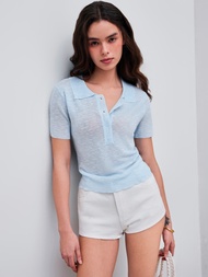 Cider Knitted Polo Solid Short Sleeve Top