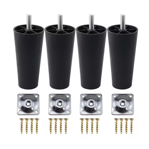 4Pcs Round Tapered Black Plastic Furniture Legs Feet with Mounting Plates M8*25 Thread Shank for Sof