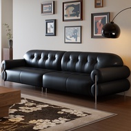 Black Genuine Leather Sofa For Living Room Small Apartment First Layer Cowhide Sofa Straight Row Bau