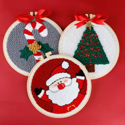 Christmas Punch Needle Kits for Beginners Cute Animal with Hoop Embroidery Punch Needle Starter Craf