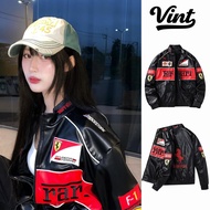 Vint F1 Jacket Ferrari Retro Embroidery Leather Riding Jacket For Women Motor Windbreaker Jacket Men
