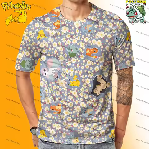 Summer Pokemon Floral T-Shirt Unisex Pikachu Charmander Bulbasaur Squirtle Print Casual Short Sleeve