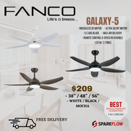 (Installation promo) Fanco GALAXY 5 Designer ceiling fan with light, 5 blades, 6 blades, 38/48/56 inch dc motor with 3 tone led light and remote control and installation ,White, black, mocha cheapest ceiling fan with long warranty installation delivery