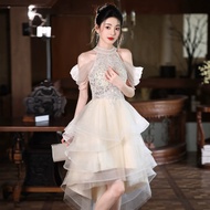 Champagne Halter Evening Dress - Glamorous Gauze for Special Occasions