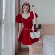 Đầm siêu HOT chất nhung tay ngắn bồng chiết eo cực tôn dáng Đầm nhung đi chơi dự tiệc dáng xòe tay b
