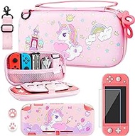 RHOTALL Carrying Case for Nintendo Switch Lite, Cute Case Cover Accessories Bundle for Switch Lite with TPU Protective Shell, Adjustable Shoulder Strap, Screen Protector and 2 Thumb Caps - Unicorn