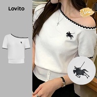 (New Arrival) Lovito Casual T-shirt Colorblock Ruffle Neck Spring/summer Off White T-shirt for Women