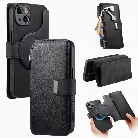For iPhone 15 14 13 12 11 XS Max XR 8 7 6 Plus Wallet Case, Zipper Storage Design, Detachable Magnet