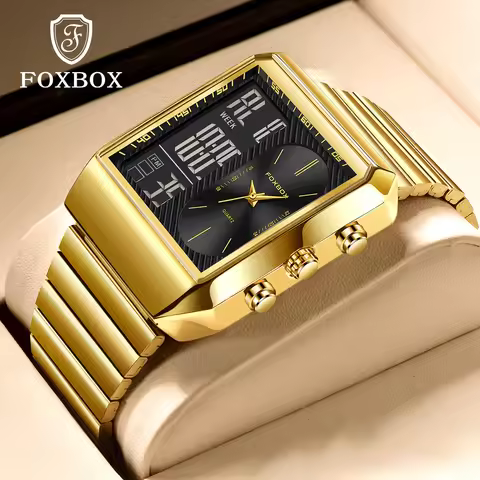 FOXBOX Men's Luxury Watch Dual Display Stainless Steel Luminous Quartz Watch Waterproof Chronograph