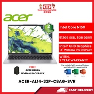 ACER-AL14-32P-C8AG-SVR-INTELCOREN150,8GBR5,512GBSSD,INTELUHD,14"IPS,W1164,2YRS,H&S