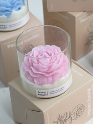 1只花形香薰蠟燭附玻璃杯,粉色牡丹香氛蠟燭,適用於家庭辦公桌、節日餐廳和飯店桌面裝飾
