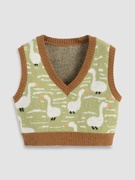 Cider Duck Pattern Contrasting Sweater Vest เสื้อกั๊กไหมพรมผู้หญิงเสื้อไหมพรมแฟชั่นผญสไตล์เกาหลี