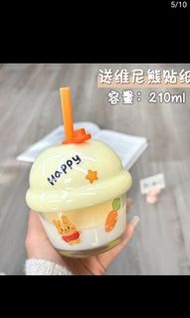 Q牌Winnie the Pooh 帶飲筒吸管玻璃樽玻璃杯