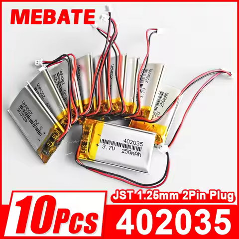 10PCS 3.7V 250mAh Lipo Rechargeable Battery 402035 + JST 1.25mm 2Pin Plug For MP3 GPS Recorder Bluet