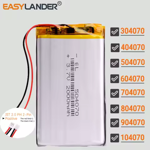 JST2.0mm 2Pin 3.7V 2000mAh 504070 Lipo Lithium Li-ion Polymer Battery 304070 404070 604070 704070 80