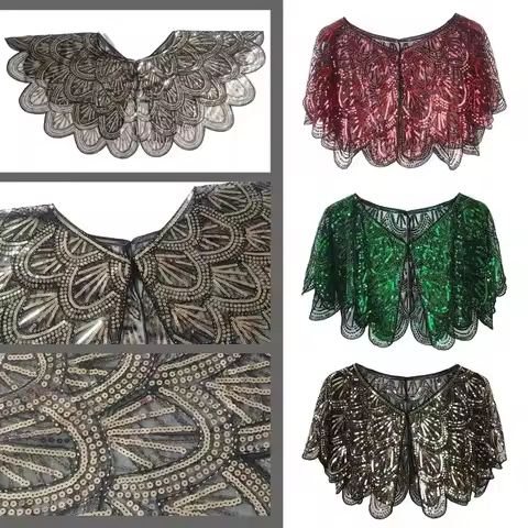 Art Deco Hollowed-out Shawl Beaded Lace Evening Cape Vintage Sequin Flapper Shawl Art Deco