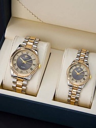 時尚情侶手錶商務男女情侶套裝黃金手錶配對浪漫石英不銹鋼防水手錶禮物