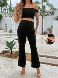 SHEIN Conjunto de ocio y vacaciones de maternidad de unicolor con top corto ajustado y pantalones acampanados con hombros descubiertos