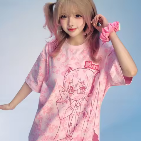 2026 Summer Hatsune Miku Y2k Retro Cosplay T-shirt Ladies Oversize 3D Printed Short-sleeved Family U