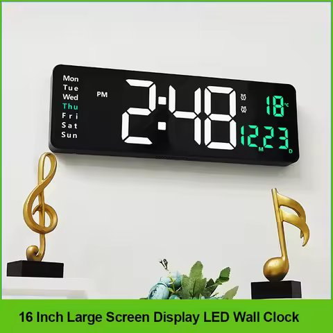 16 Inches Large Digital Wall Clock Wall Mounted Remote Control Temperature Date Week Display Dual Al