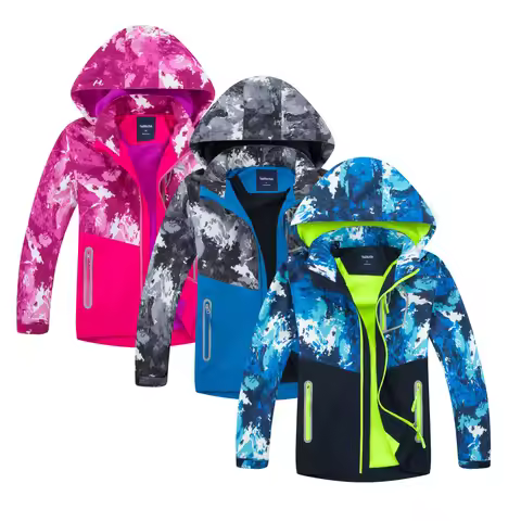 Girls Boys Waterproof Detachable Hood Fleece Lined Zip Hiking Jacket School Kids Track Coat Child Ou