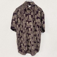 古著 SABLINA VALENTINO短袖全印花襯衫，幾何圖案和胸袋，ブラウン，復古，M 碼